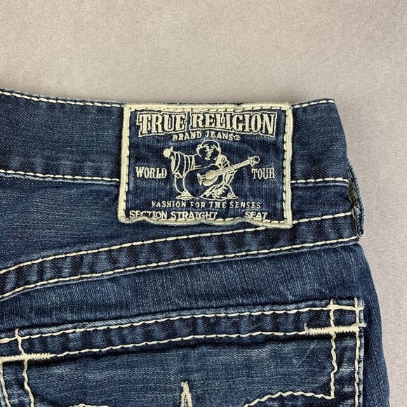True Religion Mens Pants 32 Blue Denim Jeans Straight Leg Flap Pockets 32x28 - Picture 15 of 16